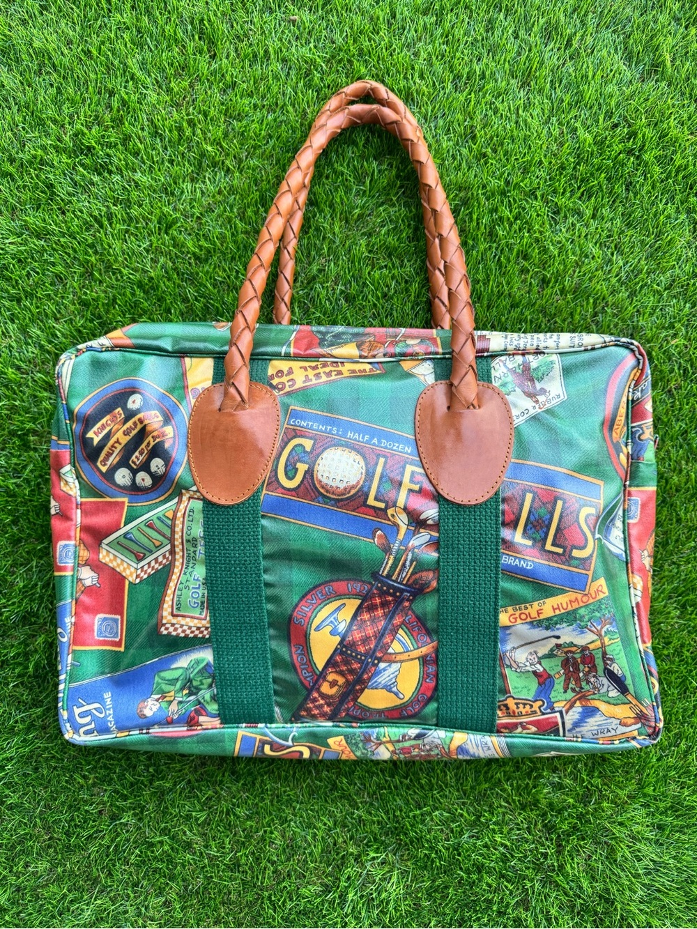 Vintage Nordic House Designs Golf Print Tote Bag with Braided Tan Handles